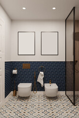 3d rendering. Mock up paintings in the bathroom with walls lined with blue tiles.
