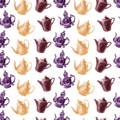 Watercolor seamless patterns on the theme of tea drinking with colorful teapots, mugs, tea bags, teaspoons