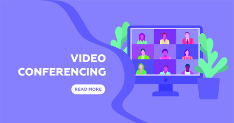 Illustrations flat design concept video conference. online meeting work form home. Vector illustrate.