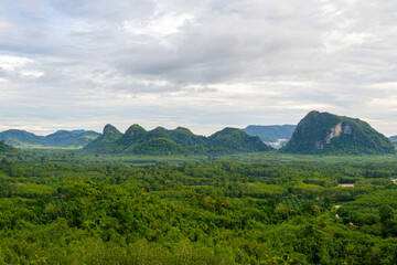 Fototapeta premium Mountains green forest in aerial view. Landscape beautiful blue sky with fluffy white clouds in a day.