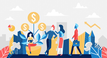 Money tree concept vector illustration. Cartoon business people work, watch money tree with gold coins grow in pot, investment and bank savings growth, idea of passive income profit background