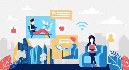 People in remote communication concept vector illustration. Cartoon employee freelancer character use laptop, tablet or mobile phone for distance freelance work, communicate in social media background