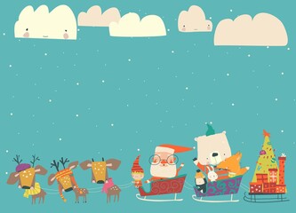 Cartoon sleigh with Santa Claus and animals