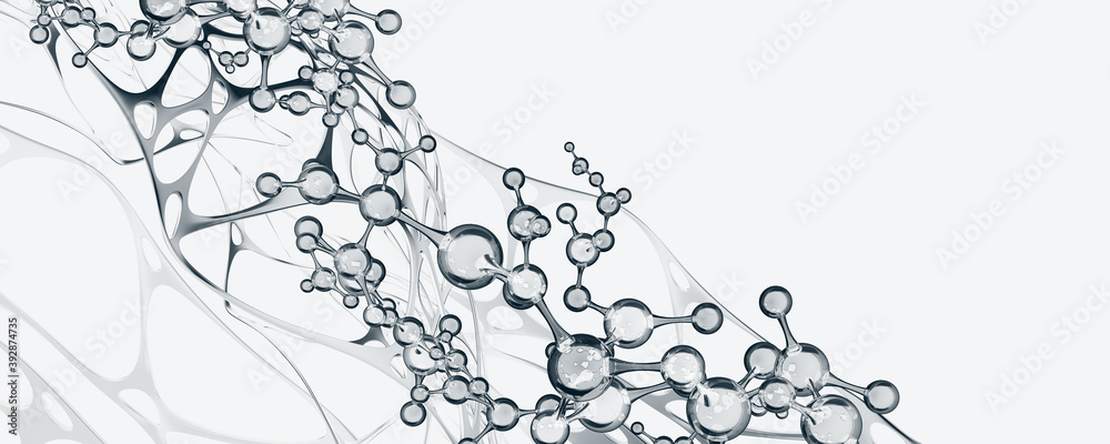 Poster Molecular research. Scientific innovation. Molecule 3D illustration. Abstract molecular lattice, cellular structure. Transparent elements with a glossy effect