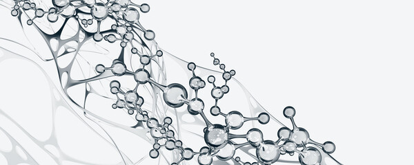 Molecular research. Scientific innovation. Molecule 3D illustration. Abstract molecular lattice, cellular structure. Transparent elements with a glossy effect