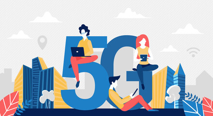 5G network wireless technology concept vector illustration. Cartoon user people with gadgets mobile devices networking, using high speed internet, big letters 5g and tiny characters tech background