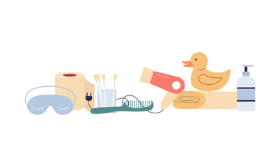 Bathroom hygiene supplies standing in row, flat vector illustration isolated.