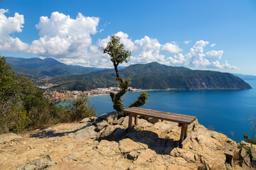 Aerial view of Riva Trigoso beach, Ligurian riviera, Genoa province, Italy.