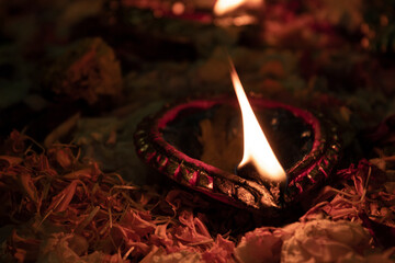 Close up of diyas on the occasion of diwali
