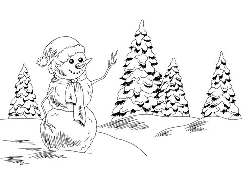 Snowman in park graphic black white landscape sketch illustration vector