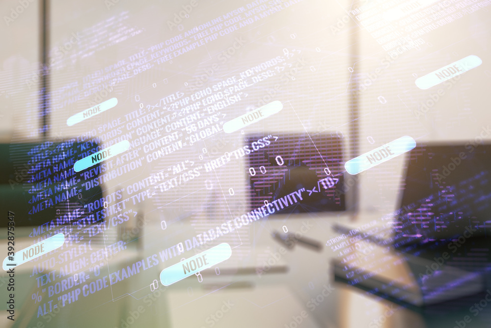 Wall mural multi exposure of abstract software development hologram with world map and modern desktop with lapt
