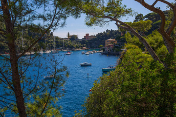 PORTOFINO, ITALY, SEPTEMBER 1, 2020 - View of Portofino, an Italian fishing village, Genoa province, Italy. A famous tourist place with a picturesque harbour and colorful houses