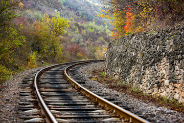 Russian Straight Railway with trees. Landscape with railroad, summer time traveling, freedom of...