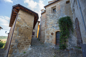Fototapeta na wymiar VIGOLENO, ITALY, AUGUST25, 2020 - View of the streets of the medieval village of Vigoleno, Piacenza province, Emilia Romagna, Italy