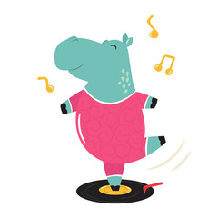 Cheerful illustration of a hippo dancing on a vinyl record.
