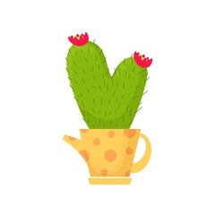 Beautiful cartus with pink flowers in decorative watering can, potted home indoor garden. Vector illustration isolated on white background. Trendy house decor icon. Houseplant succulent in yellow pot