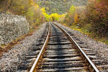 Fototapeta premium Russian Straight Railway with trees. Landscape with railroad, summer time traveling, freedom of movement.