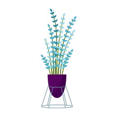 Beautiful decorative plant in forged stand, potted home indoor plant. Vector illustration isolated on white background. Trendy house decor. Houseplant in purple pot, long branches with blue leaves.