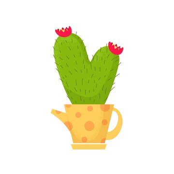 Beautiful cartus with pink flowers in decorative watering can, potted home indoor garden. Vector illustration isolated on white background. Trendy house decor icon. Houseplant succulent in yellow pot