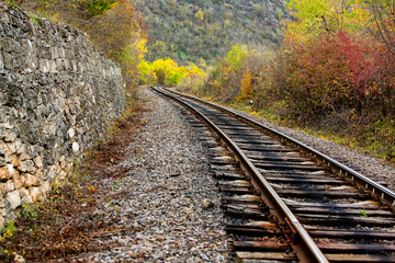 Russian Straight Railway with trees. Landscape with railroad, summer time traveling, freedom of movement.