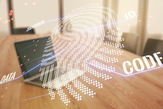 Abstract creative fingerprint concept on modern laptop background. Multiexposure