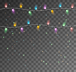 Seamless christmas light garlands. Set of christmas lights isolated realistic design elements. Glowing lights for Xmas