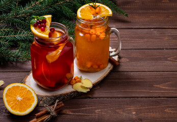 Warming drinks made from berries and fresh fruits. Mulled wine and grog. Free space
