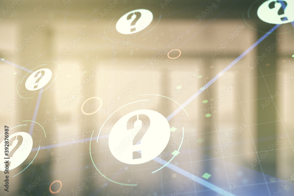 Aufkleber abstract virtual question mark illustration on empty corporate office background. faq and search con