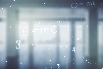 Scientific formula illustration on modern interior background, science and research concept. Multiexposure