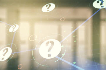 Abstract virtual question mark illustration on empty corporate office background. FAQ and search concept. Multiexposure