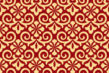 Flower geometric pattern. Seamless vector background. Red and gold ornament. Ornament for fabric, wallpaper, packaging. Decorative print