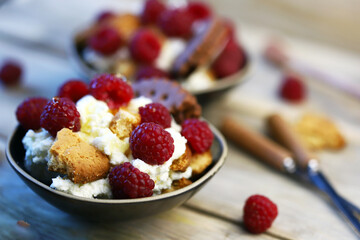 Delicious dessert with mascaraone, cookies and raspberries in a small dessert plate. Healthy sweets. Keto dessert.