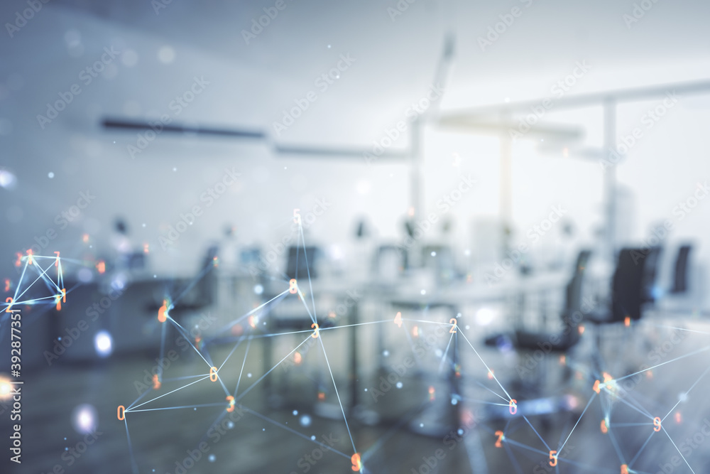 Poster double exposure of abstract virtual technology hologram on modern corporate office background. resea