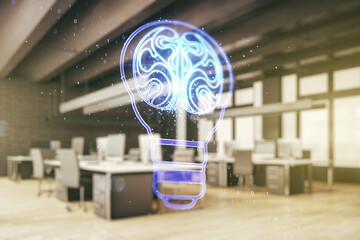 Double exposure of abstract virtual creative light bulb hologram with human brain on modern corporate office background, idea and brainstorming concept