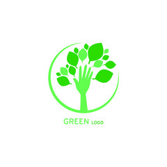 Green logo on the theme of nature. The green hand looks like a leafy tree trunk. Vector illustration, flat cartoon color minimal design, isolated on white background, eps 10.