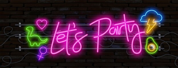 Neon sign Lets party, lettering on dark background vector illustration. Logo design template. Light banner, glowing neon signboard for advertising. - obrazy, fototapety, plakaty