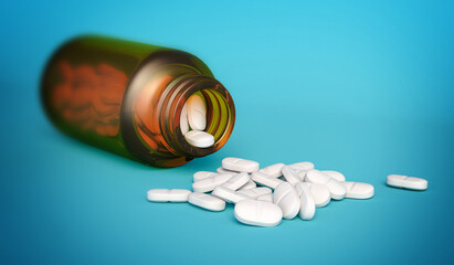 White medical tablets spilled out of a glass bottle isolated on blue background, 3d illustration. Render image for healthcare and medicine ads..