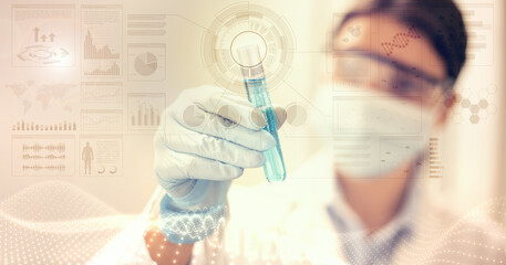 female scientist with mask and laboratory glasses analyzes a test tube on digital background with...