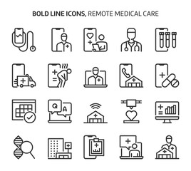 Remote medical care, bold line icons.