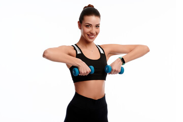 Fototapeta na wymiar Attractive caucasian slim woman doing physical exercise using dumbbell isolated on white background