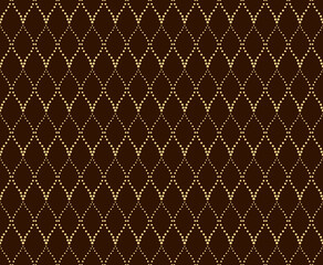 Fototapeta premium The geometric pattern with wavy lines, points. Seamless vector background. Dark brown and gold texture. Simple lattice graphic design