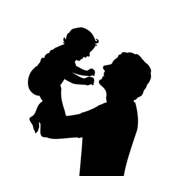 Silhouette happy father holding newborn baby in air closeup
