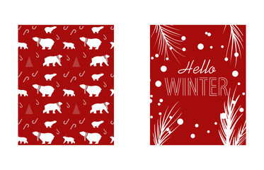 stylized Christmas card with a picture of branches of Christmas trees on a red background and a seamless pattern from Polaris bears. ideal for printing banner postcards and websites. EPS10