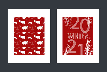 stylized Christmas card with a picture linear numbers 2021 and branches of Christmas trees on a red background. ideal for printing banner postcards and websites. EPS10