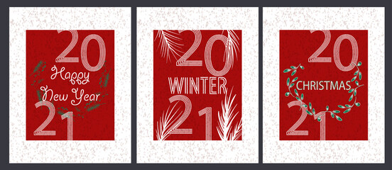 Fototapeta na wymiar stylized Christmas card with a picture linear numbers 2021 and branches of Christmas trees on a red background. ideal for printing banner postcards and websites. EPS10