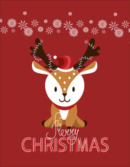 cute Christmas card with a picture of a reindeer of Santa Claus in red cap with decoration on the horns. ideal for printing banner postcards and websites. EPS10