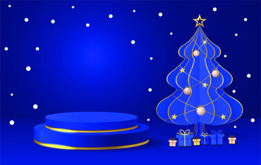 Christmas and New year background with xmas tree. Abstract blue mock up scene. geometry podium shape for show product display. stage pedestal or platform. 3D vector
