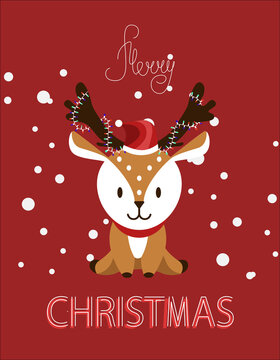 cute Christmas card with a picture of a reindeer of Santa Claus in red cap with decoration on the horns. ideal for printing banner postcards and websites. EPS10