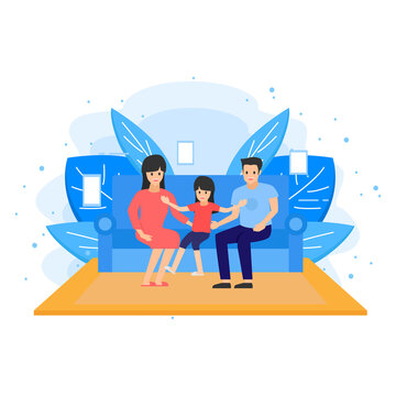 Happy Family Of Wife, Husband And A Child Sitting Together On Blue Couch In Flat Illustration