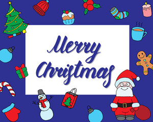 Merry Christmas, vector illustration. Positive greeting card. Lettering composition with frame of celebration elements. Cartoon smiling Santa. Script inscription. Beautiful print for design, gift wrap
